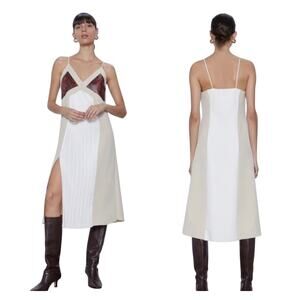 Zara Midi Slip Dress Women M Beige Cream Pleated Snakeskin Slit Blogger Favorite